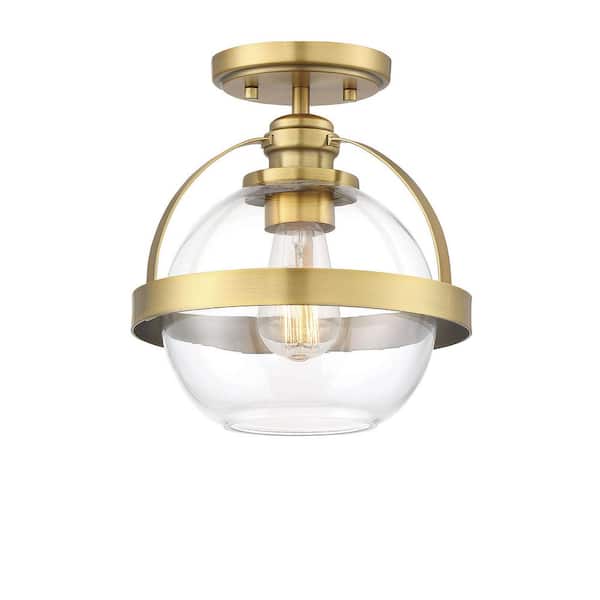 Savoy House Pendleton 9.38 in. W x 9.75 in. H 1-Light Warm Brass Semi-Flush Mount Ceiling Light with Clear Glass Orb Shade