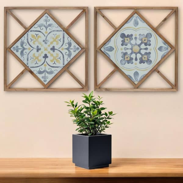 HomeRoots 0.25 in. x 14.25 in. White, Blue, Brown and Floral Wood and Metal Wall Art 2-Piece