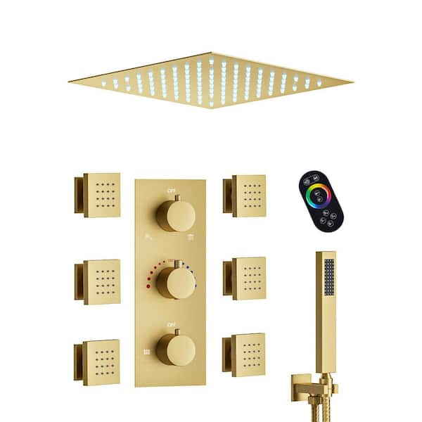 YAWWALK Thermostatic 5-Spray Patterns 12 in. LED Mood Lighting Shower Faucet with 6-Jets in Brushed Gold (Valve Included)