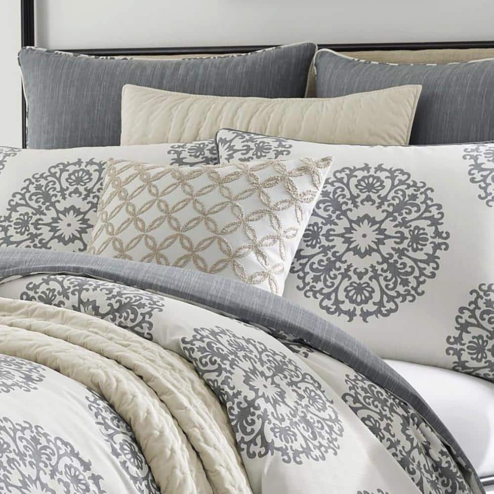 Full/Queen Gray Cotton Medallion Duvet Cover Set