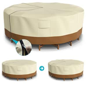 Adjustable Beige Round Patio Table Cover Waterproof Heavy-Duty with Triple Zipper