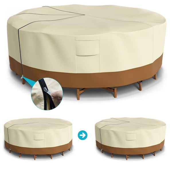 Gasadar Adjustable Beige Round Patio Table Cover Waterproof Heavy-Duty with Triple Zipper