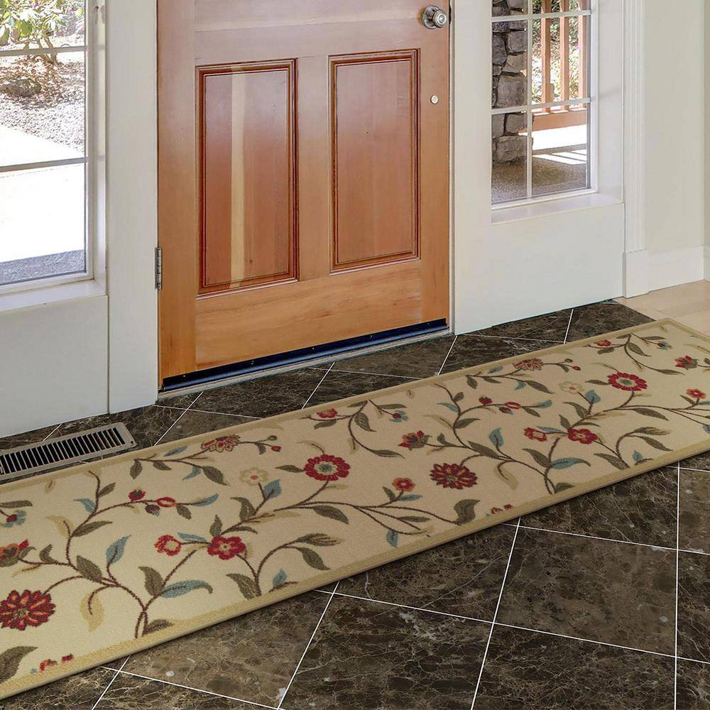 Beige Floral Non-Slip Synthetic Runner Rug 1'10" x 7'