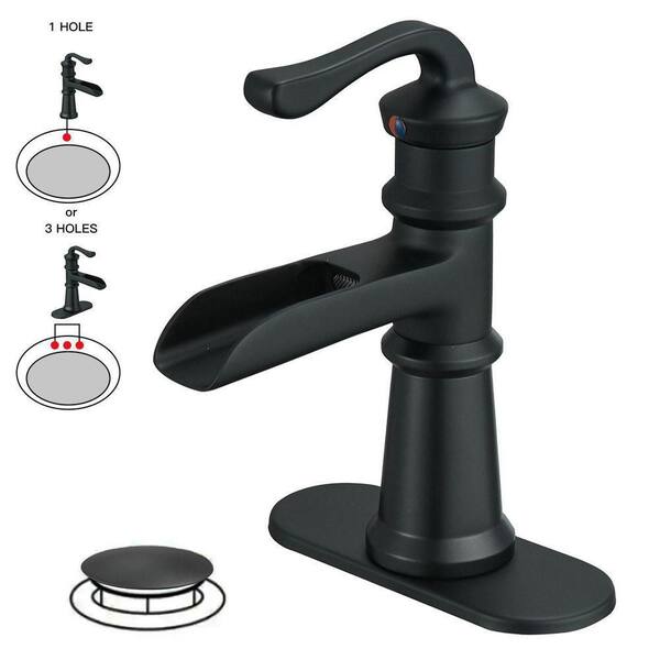 BWE Waterfall Single Hole Single-Handle Low-Arc Bathroom Faucet With Pop-up Drain Assembly in Matte Black