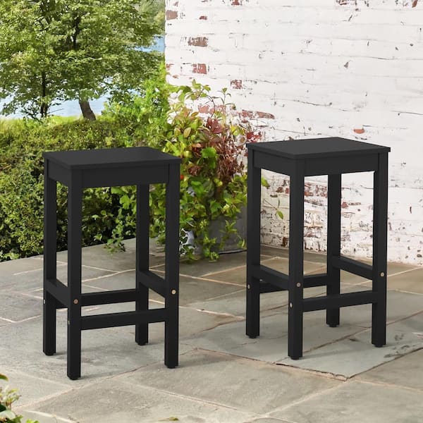 cozyman 26'' Modern Black Solid Wood Outdoor Bar Stool Saddle Counter Stool Footrest Weather-resistant Set of 2