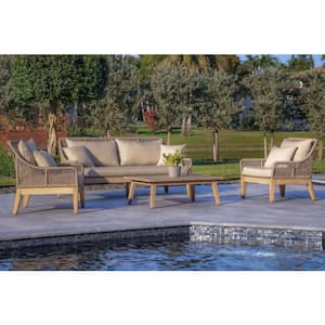 Solana 4-Piece Patio Outdoor and Backyard Wood, Aluminum and Rope Conversation Set in Grey