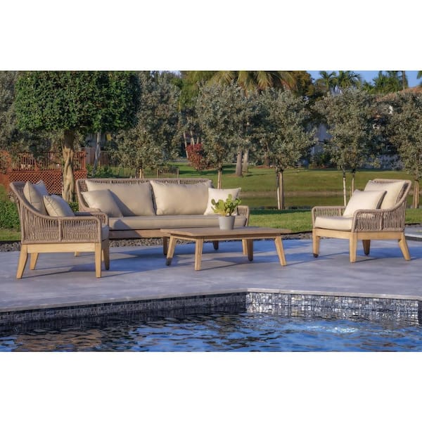 Outsy Solana 4-Piece Patio Outdoor and Backyard Wood, Aluminum and Rope Conversation Set in Grey