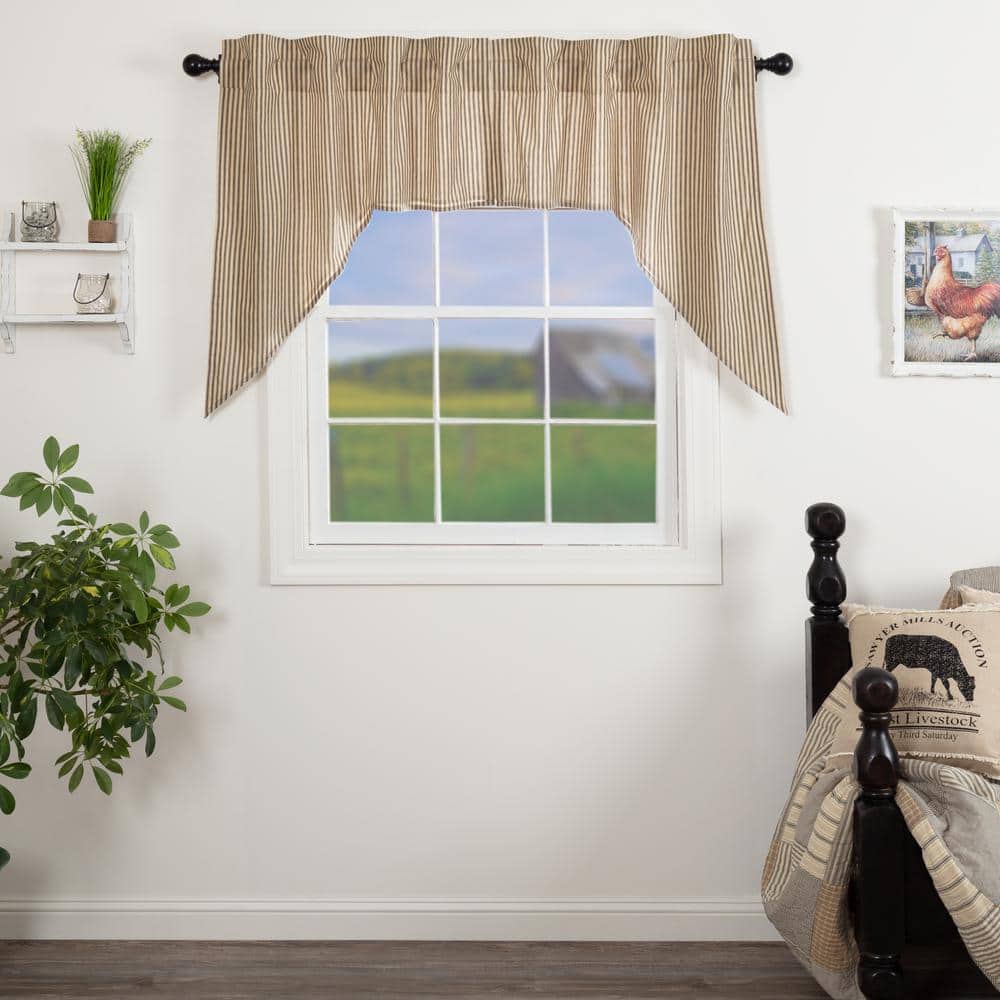 vhc brands sawyer mill ticking striped cotton farmhouse kitchen curtains rod pocket hanging loops swag pair  charcoal