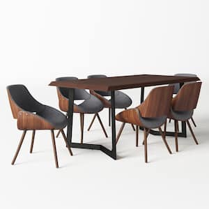 Malden Modern Industrial 7-Pc Dining Set w/ 6 Upholstered Bentwood Back Dining Chair in Grey and Natural Woven Fabric