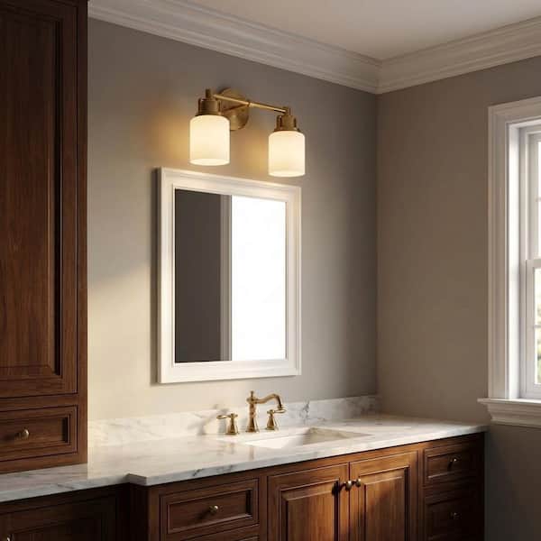 Ashford 13.5 in. W x 10.25 in H 2-Light Burnished Brass Transitional Bathroom Vanity Light with Milk Drum Glass Shades