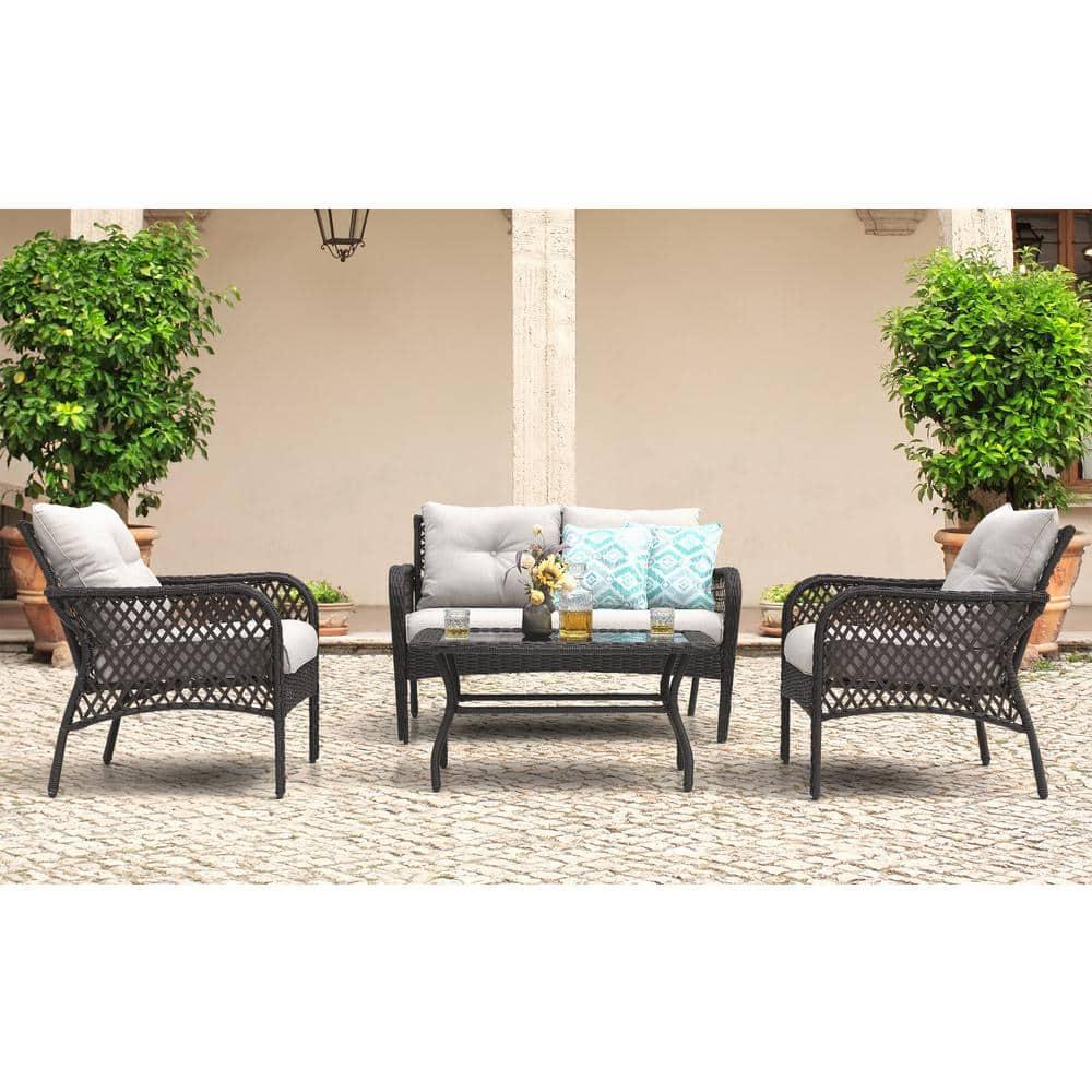 Nuu Garden 4-Piece Rattan Wicker Patio Conversation Set Outdoor Sofa ...