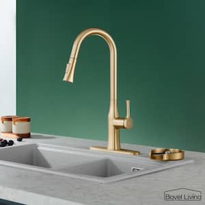 Single Handle No Sensor Pull Down Sprayer Kitchen Faucet with Deckplate Included and Glass Rinser in Brushed Gold