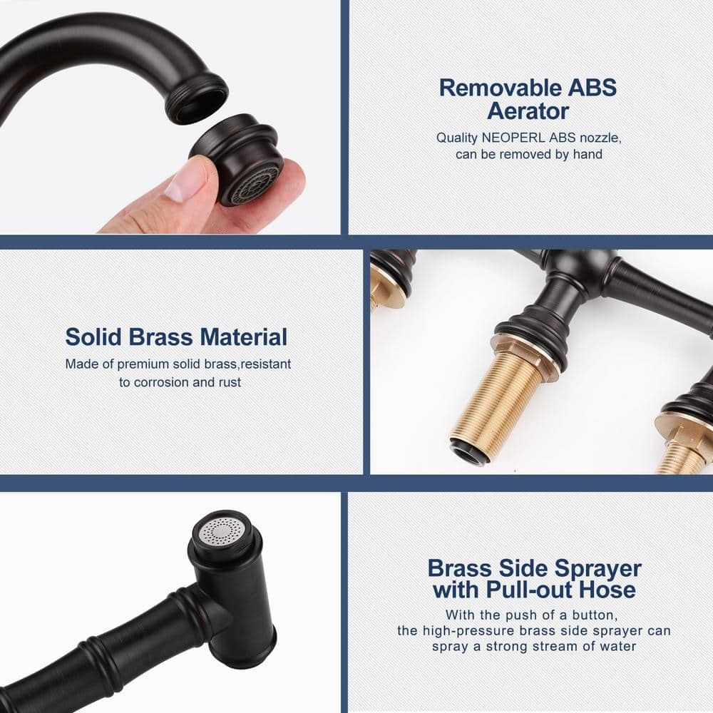 Oil Rubbed Bronze Double Handle Bridge Kitchen Faucet with Side Sprayer