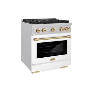 Autograph Edition 30 in. 4 Burner Gas Range with Convection Oven with White Matte Door and Champagne Bronze Accents