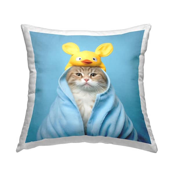 Stupell Industries Cat in Bathroom Robe Blue Print Polyester 18 in. x 18 in. Throw Pillow