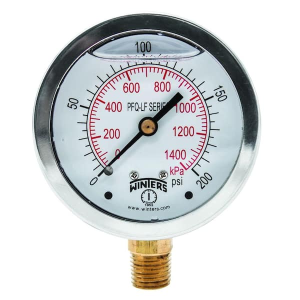 Winters Instruments PFQ-LF 2.5 in. Lead-Free Brass Stainless Steel Liquid Filled Pressure Gauge with 1/4 in. NPT BTM and 0-200 psi/kPa