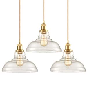 60 Watt 3 Light Gold Finished Shaded Pendant Light with Clear glass Glass Shade and No Bulbs Included