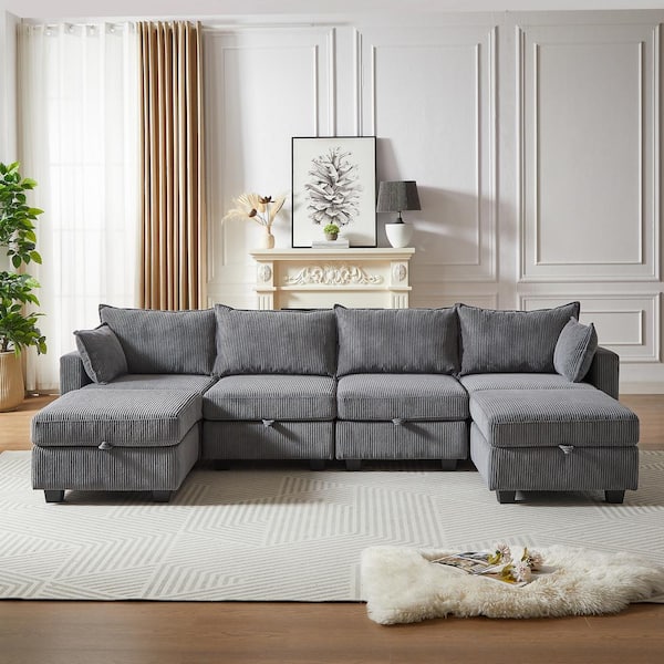 113.5 in. Square Arm L Shaped 6 Seater Convertible Sectional with Storage Ottoman in Gray