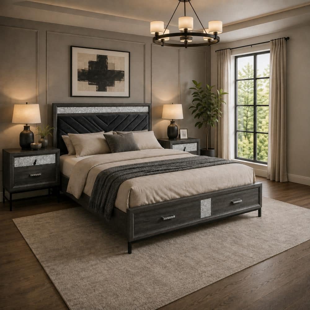 3-Piece Gray, Silver and Black Wood Queen Bedroom Set with 2-Nightstands price history on PriceWatchPro