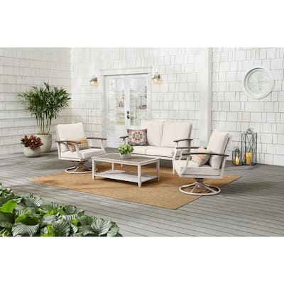 Marina Point 4-Piece White Steel Outdoor Patio Conversation Seating Set with CushionGuard Almond Tan Cushions