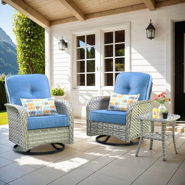 Toject Beverly Gray 3-Piece Wicker Outdoor Patio Conversation Swivel Rocking Chair Seating Set with Blue Cushions