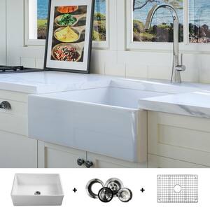 Luxury White Fine Fireclay 26 in. Single Bowl Modern Farmhouse Flat Front Kitchen Sink Includes Grid and Drain