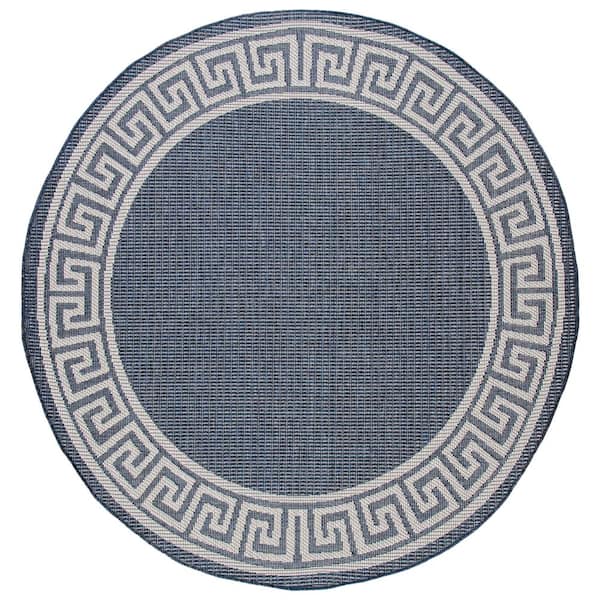 Bermuda 8 ft. x 8 ft. Round Dark Blue/Ivory Geometric Border Washable Indoor/Outdoor Area Rug