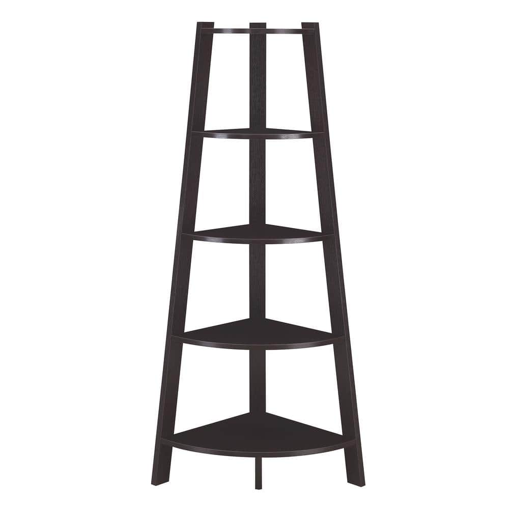 Espresso Wide Corner Wood Bookcase with 5 Tiers
