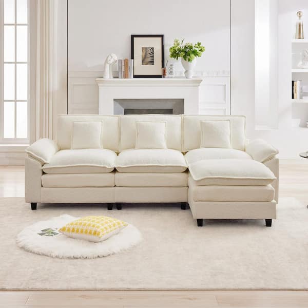 105.9 in. Chenille Fabric 4-Seat Pillow Top Arm L-Shaped Secitonal Sofa with Ottoman in Beige