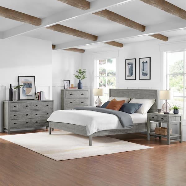 Alaterre Furniture Arden 5-Piece Bedroom Set with King Bed, Two 2-Drawer Nightstands w/open shelf, 5-Drawer Chest, 6-Drawer Dresser, Gray