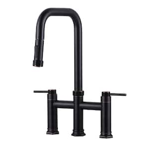 Brass Double Handle Bridge Kitchen Faucet with Pull Down Sprayer and Supply Lines in Oil Rubbed Bronze