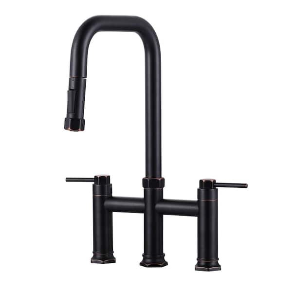 IVIGA 3-Hole Double Handle Brass Bridge Kitchen Faucet with 2-Mode Pull Down Sprayer and Supply Lines in Oil Rubbed Bronze