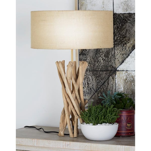 Litton Lane 24 in. Light Brown Driftwood Handmade Task and Reading Table Lamp with Cream Linen Shade