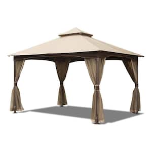10 ft. x 12 ft. Khaki Pop-Up Metal Frame Double Roof Soft Top Patio Outdoor Gazebo Canopy with Mosquito Netting