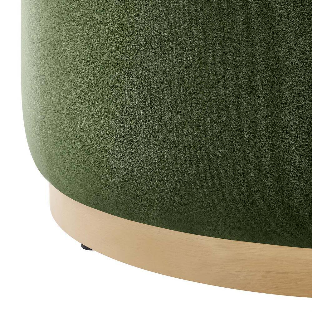 Moss Green Velvet Round Ottoman with Rubberwood Base