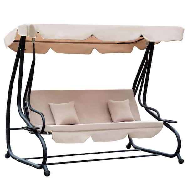 Sudzendf 3-Person Outdoor Metal Patio Swing with Adjustable Canopy, Removable Cushion and Pillows in Light Brown