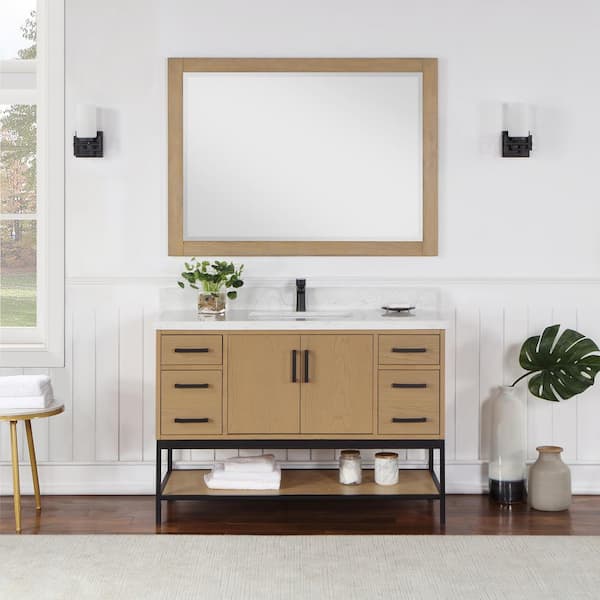 Altair Ivy 48 in. W x 36 in. H Rectangular Wood Framed Wall Bathroom Vanity Mirror in Washed Oak