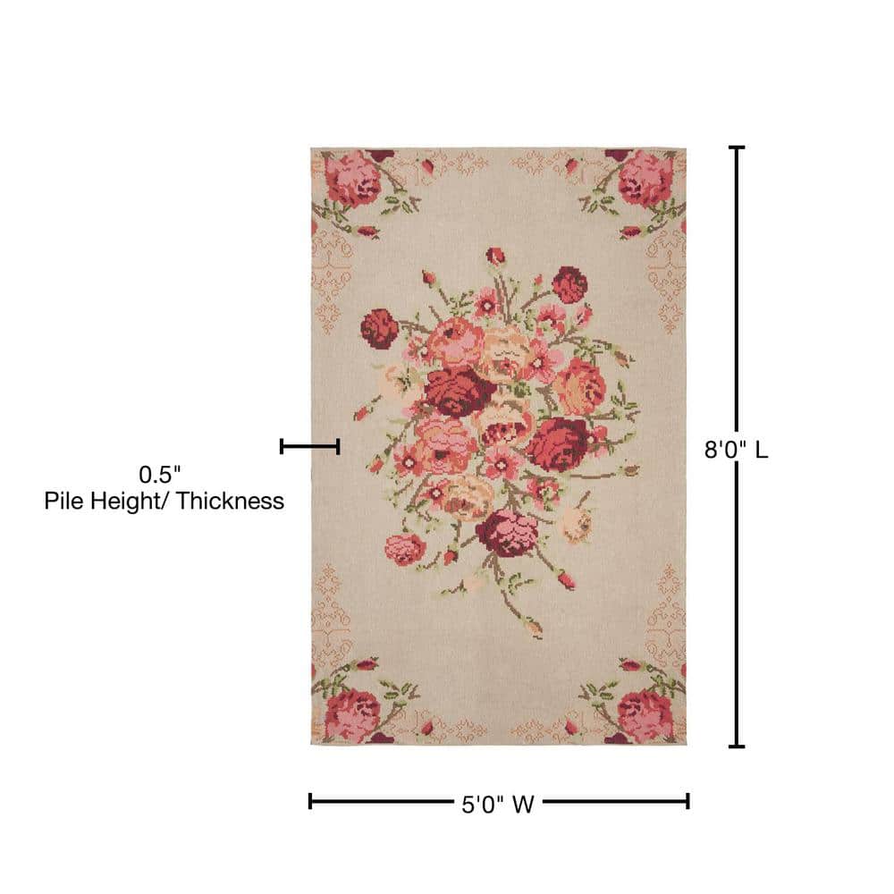 Beige and Red Floral Cotton Low Pile Area Rug
