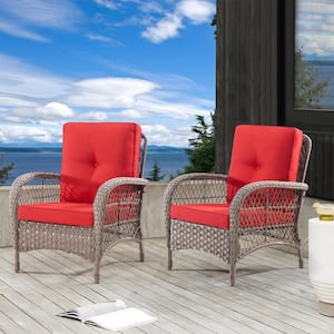 Wicker Patio Lounge Chair with Red Cushions (2-Pack)