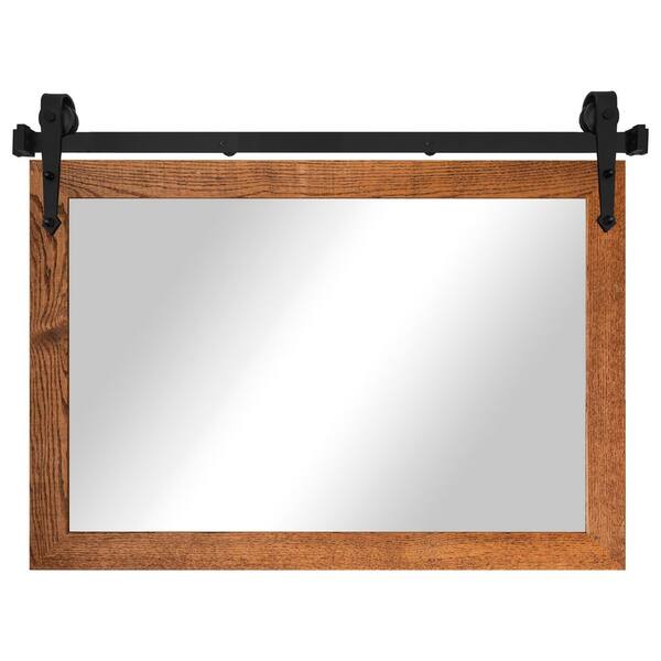 Rayne Mirrors (38 in. W x 33 in. H) Honey Ozark Hardwood Mirror with Steel Barn Door Rail