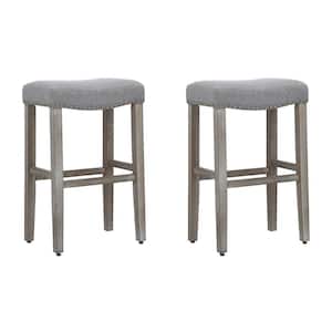 Jameson 29 in. Bar Height Antique Gray Wood Backless Barstool with Gray Linen Upholstered Saddle Seat Stool (Set of 2)