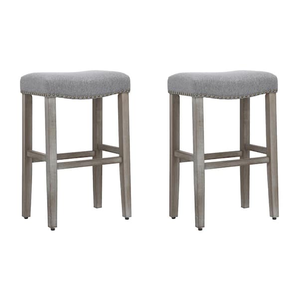 WESTINFURNITURE Jameson 29 in. Bar Height Antique Gray Wood Backless Barstool with Gray Linen Upholstered Saddle Seat Stool (Set of 2)