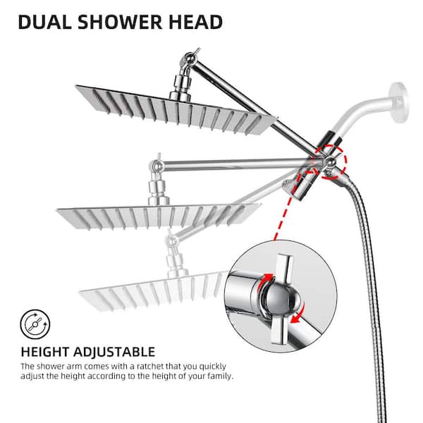 Rain Shower Head Combo 5-Spray 8 in. Wall Mount Dual Shower Heads and Handheld Shower Head with 2.5 GPM in Chrome