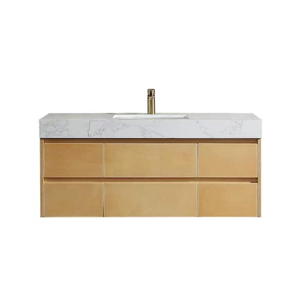 Logmey 48 in. W x 20.8 in. D x 21.2 in. H Single Bowl Floating Bath Vanity in Maple with White Engineered Stone Top