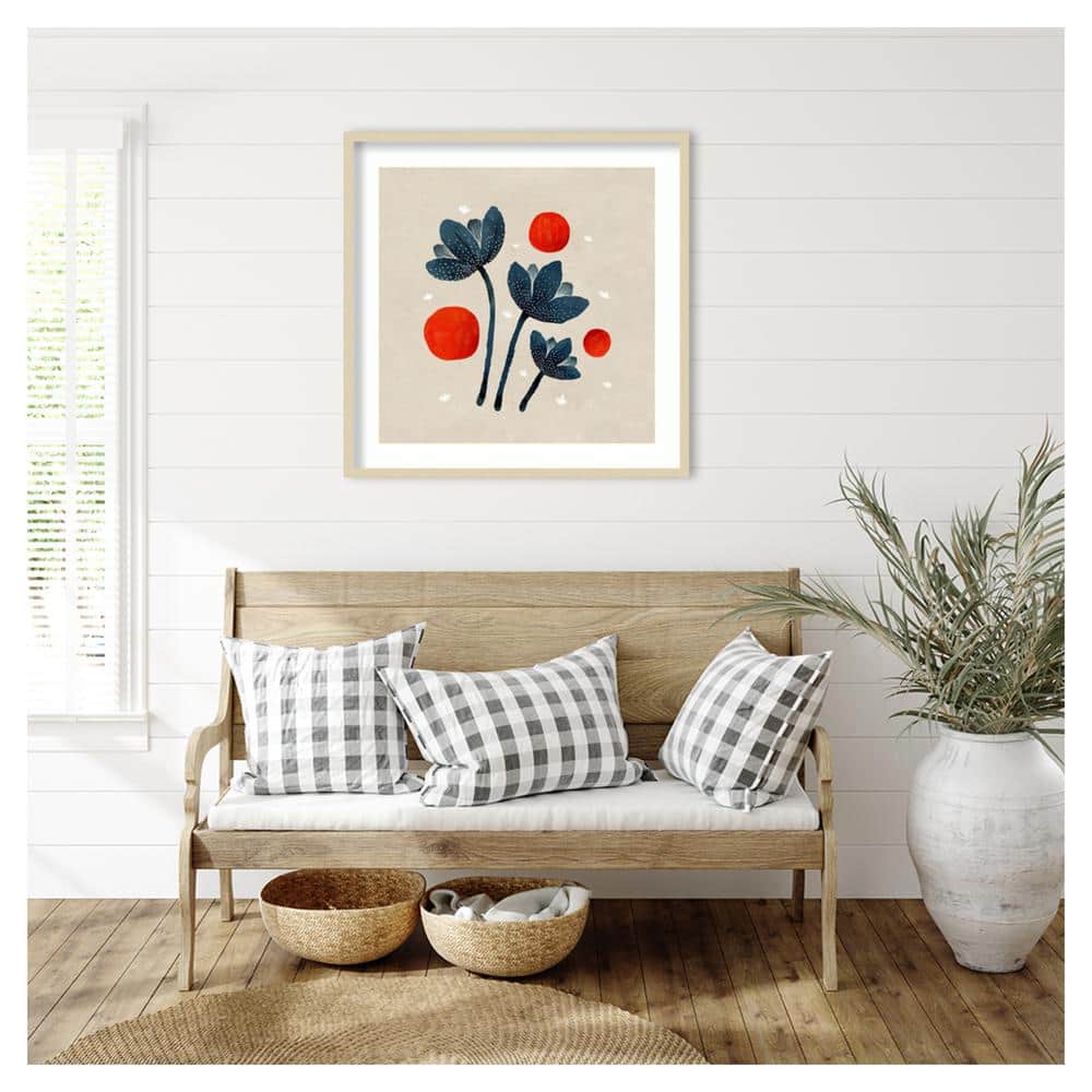 Blue Flowers II Abstract Framed Print with Natural Wood Frame