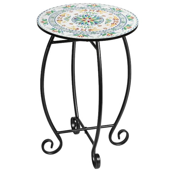 Unbranded Natural Green Round Ceramic Tile Tabletop with Metal Frame Outdoor Side Table