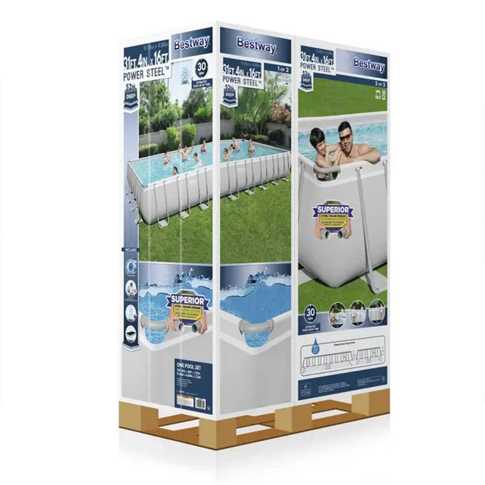 31 ft Gray Rectangular Metal Frame Above Ground Pool Set with Pump and Ladder