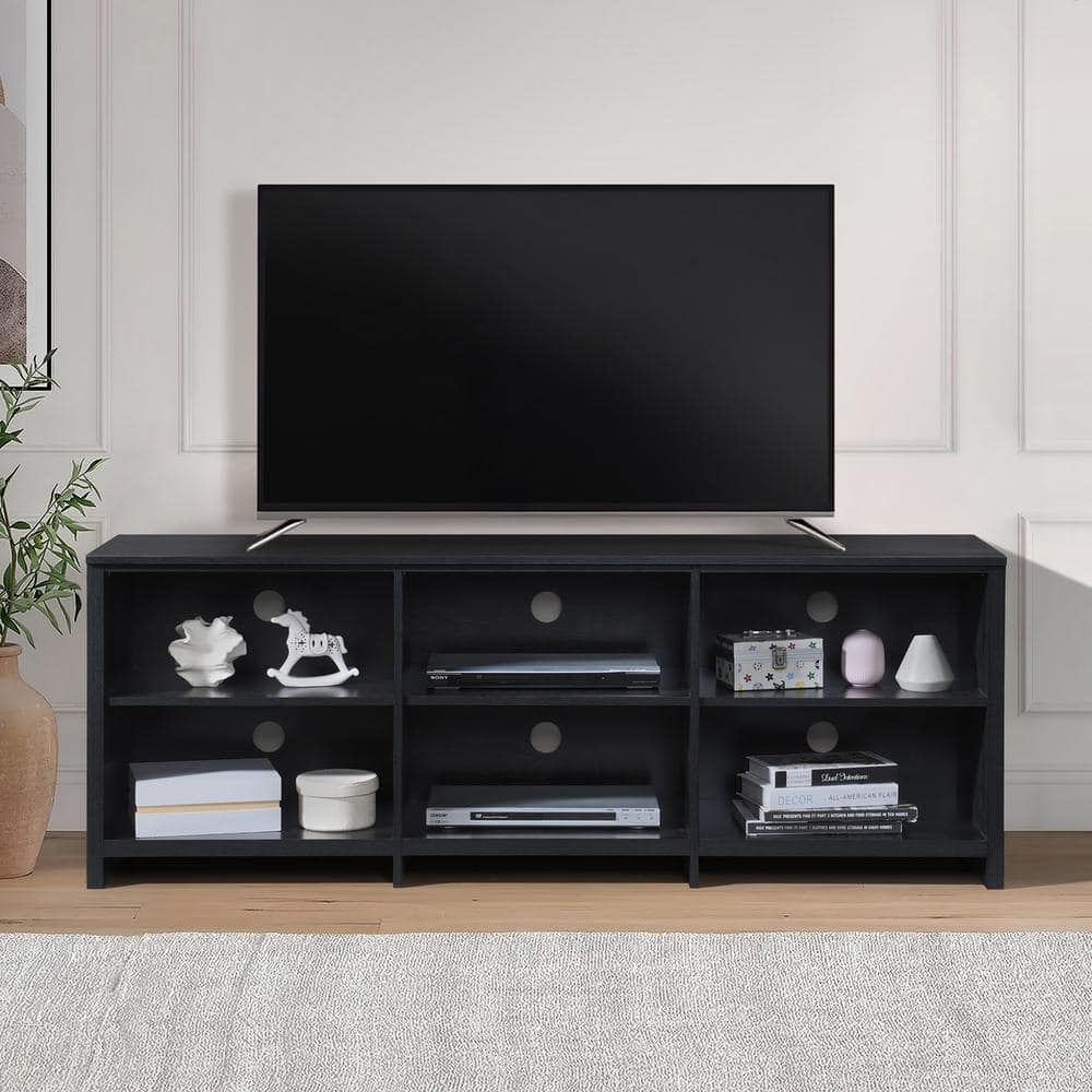 65 in. Wood Black Oak TV Stand with 6 Storage Shelves Fits TVs up to 62 in
