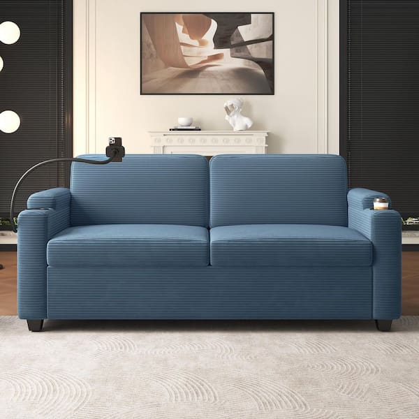 Northam Modern 72.8 in. Navy Blue Corduroy Fabric Upholstered Full Size Sofa Bed Sleeper Loveseat Sofa with Side Pockets