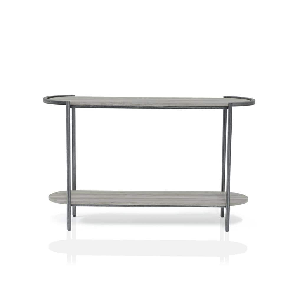 Elosi 48.75 in. Light Gray and Brushed Gun Metal Oval Wood Console Table with Shelf -  Furniture of America, IDF-4537S